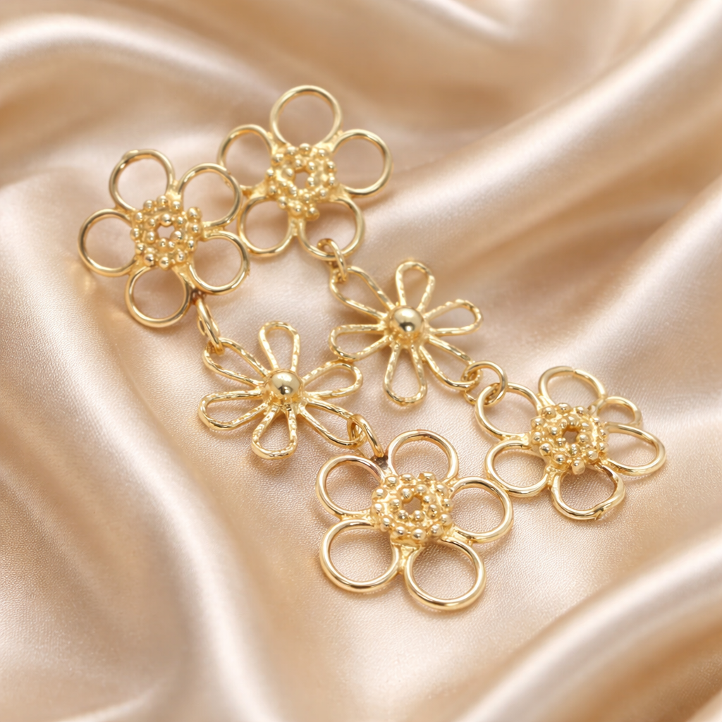 עגילי זהב פרחים ארוכים