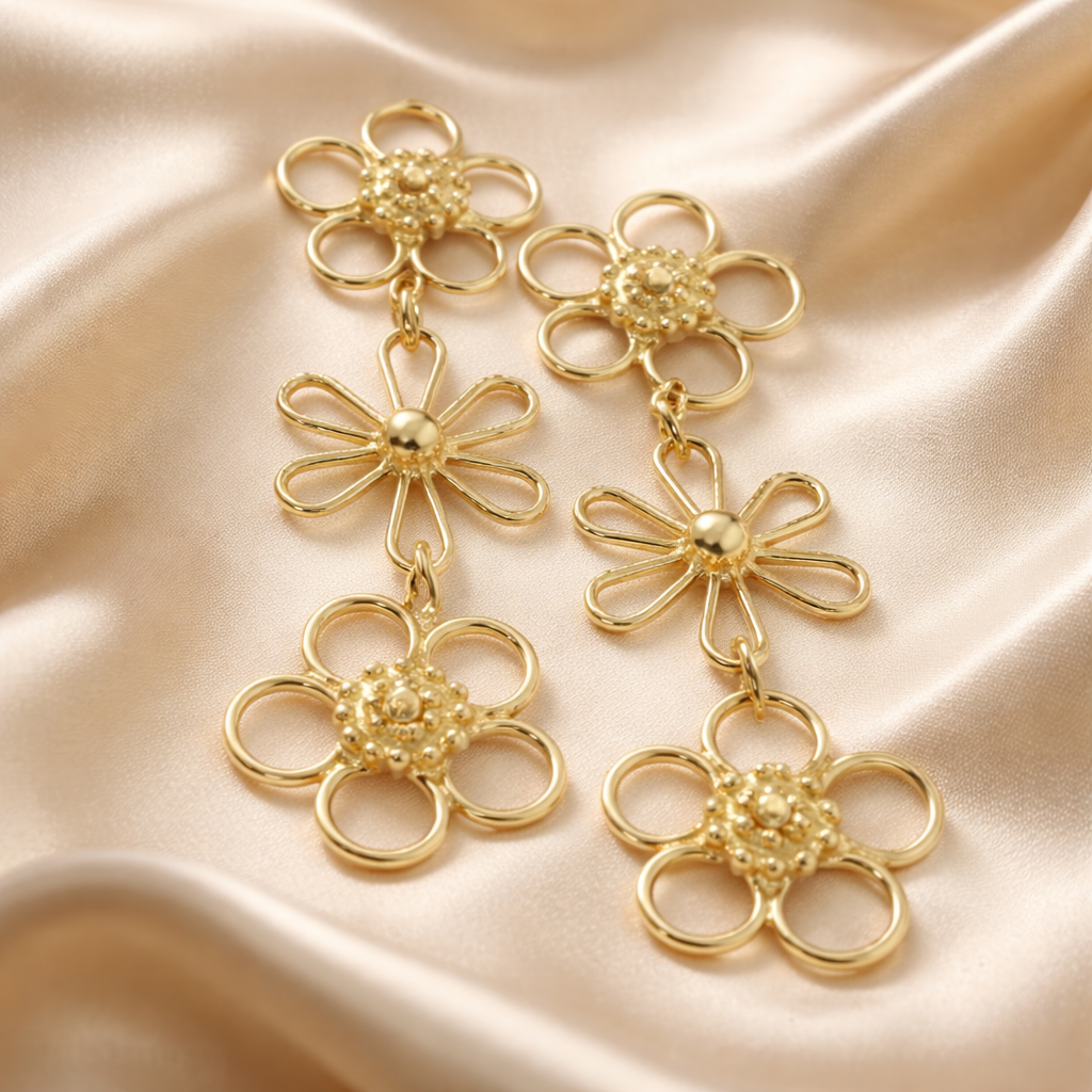 עגילי זהב פרחים ארוכים