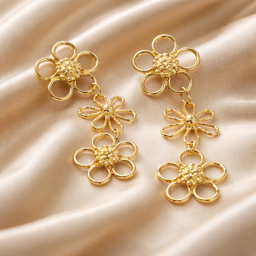 עגילי זהב פרחים ארוכים