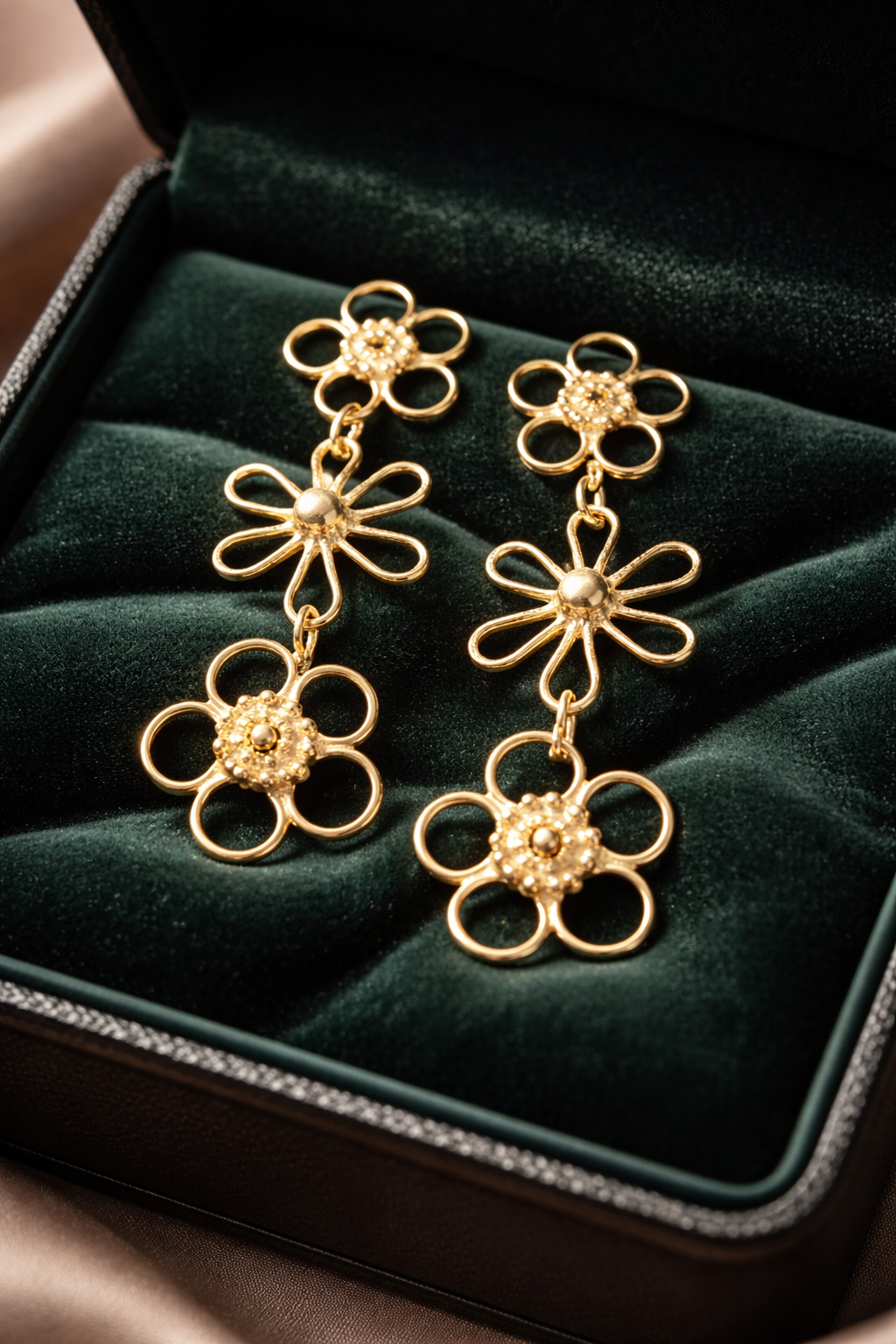 עגילי זהב פרחים ארוכים