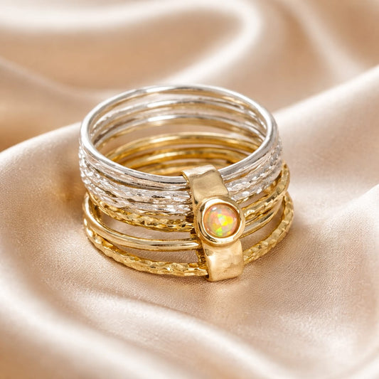 טבעת מסתובבת כסף וזהב 14 קראט טבעות דקות עם אופל